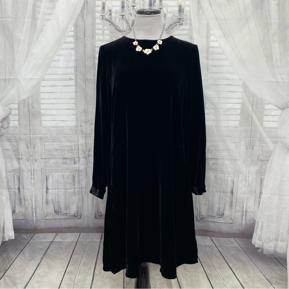NEW Eileen Fisher Size XS Black Silk Crew Neck Dress Pockets Long Sleeve Velvet